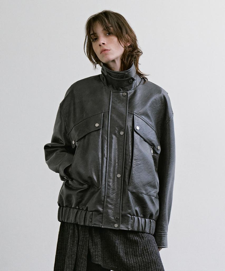 TREEMINGBIRD Diagonal Leather Blouson Jumper [ Gray ]