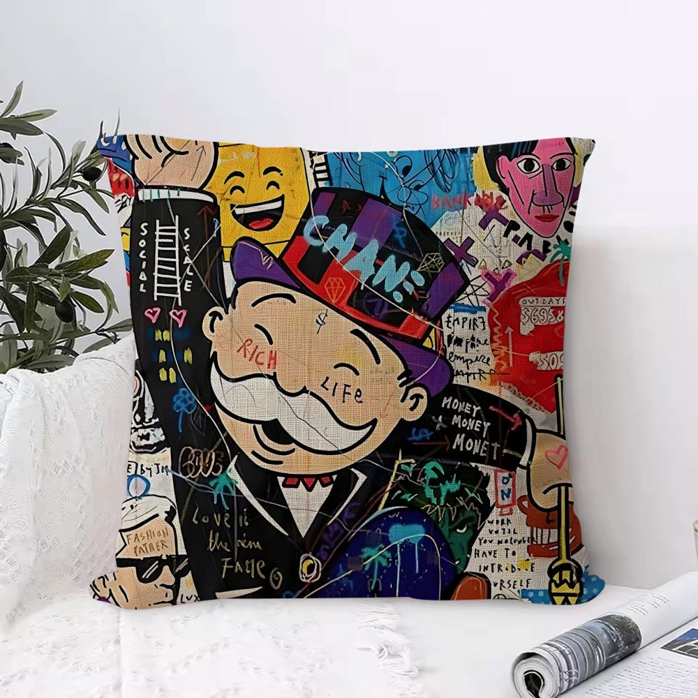 Cute MMonopoly Cushion Cover Eco Linen Pillow Case DoubleSided Print Breathable Durable Hidden Zipper Home Decor Gift