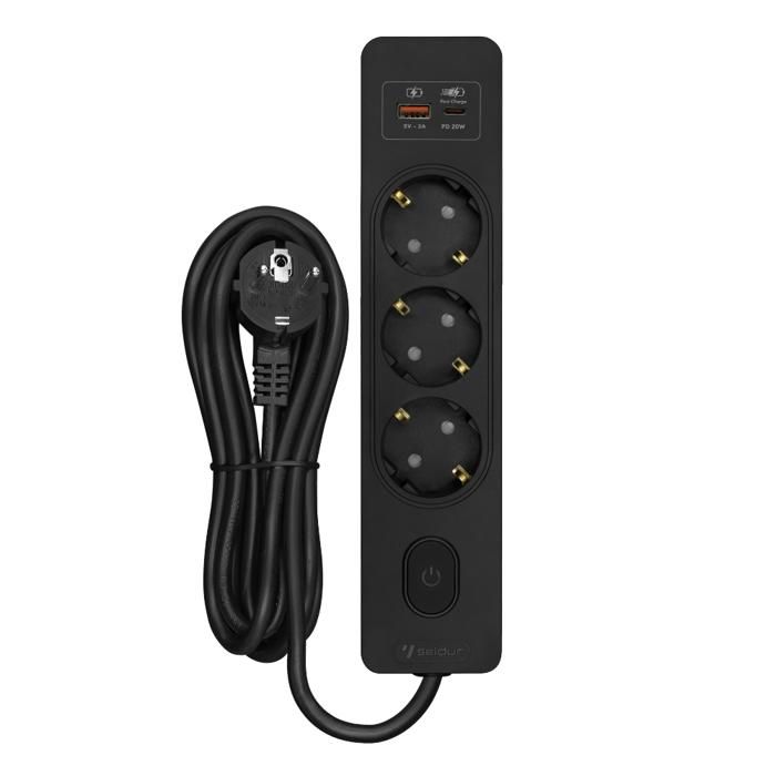 Multiprise SELDUR G3TH32S, 3 prises type F + interrupteur, USB A+C charge rapide 20W, Noir, câble 3m