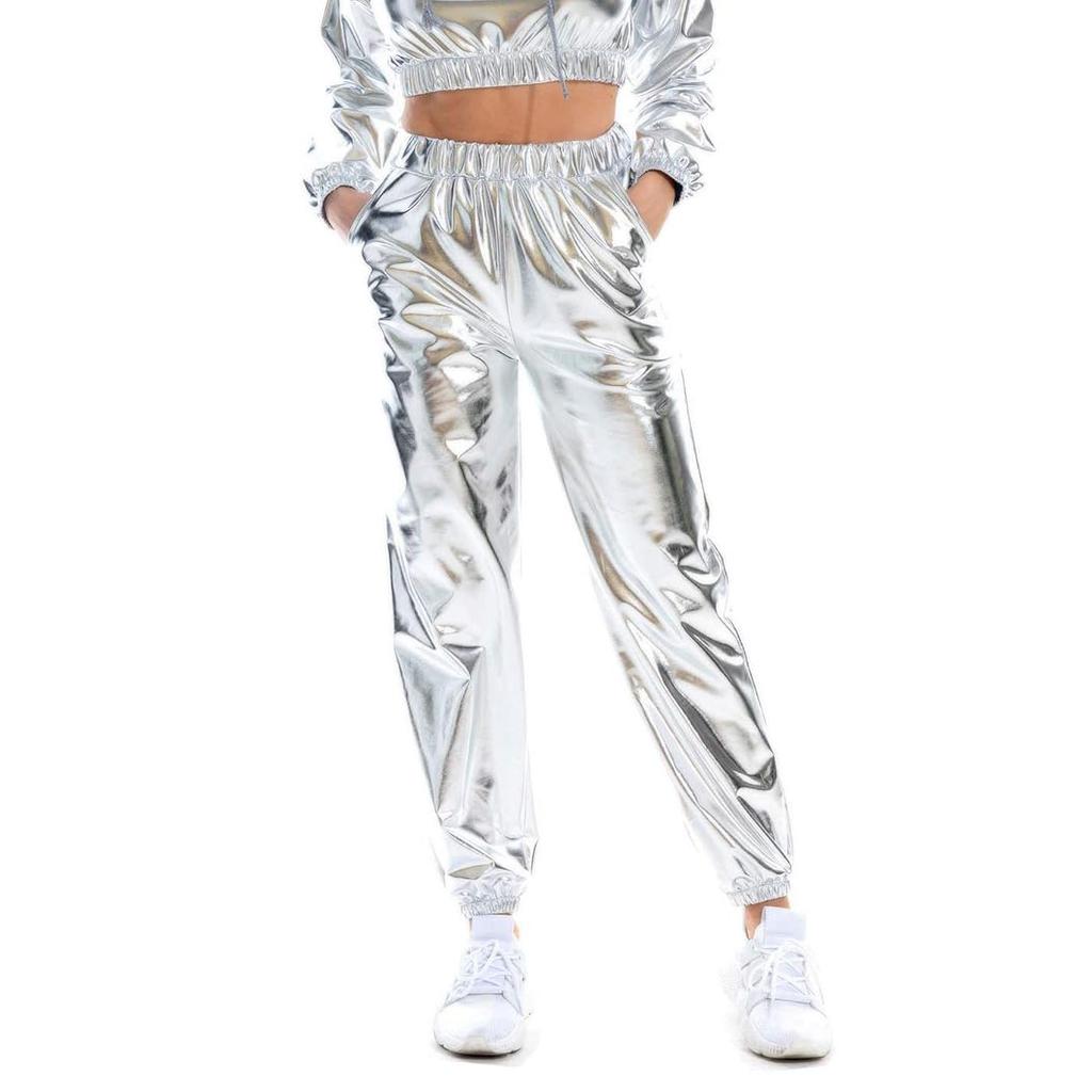 Womens Metallic Shiny Jogger Pants Casual High Waisted Harem Pant Holographic Color Hip Hop Trousers Streetwear
