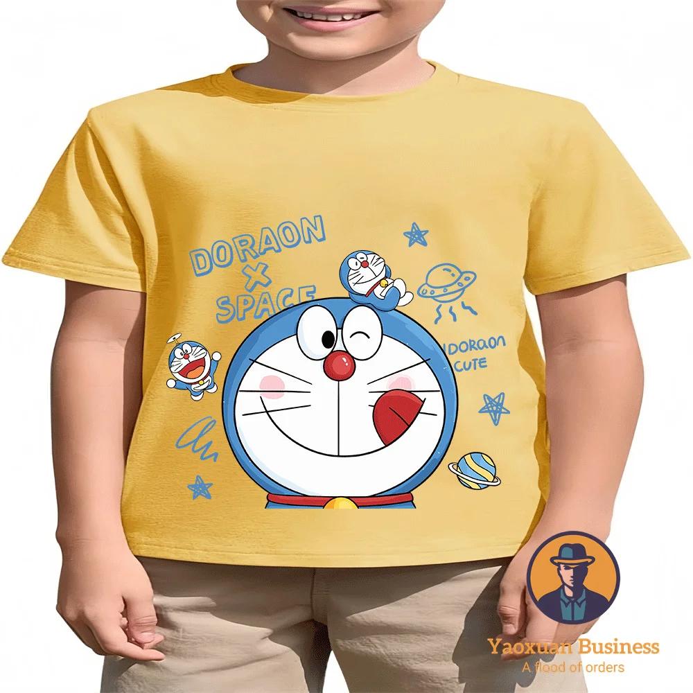 Классическая аниме-футболка с круглым вырезом Doraemon для мальчиков и девочек, летняя