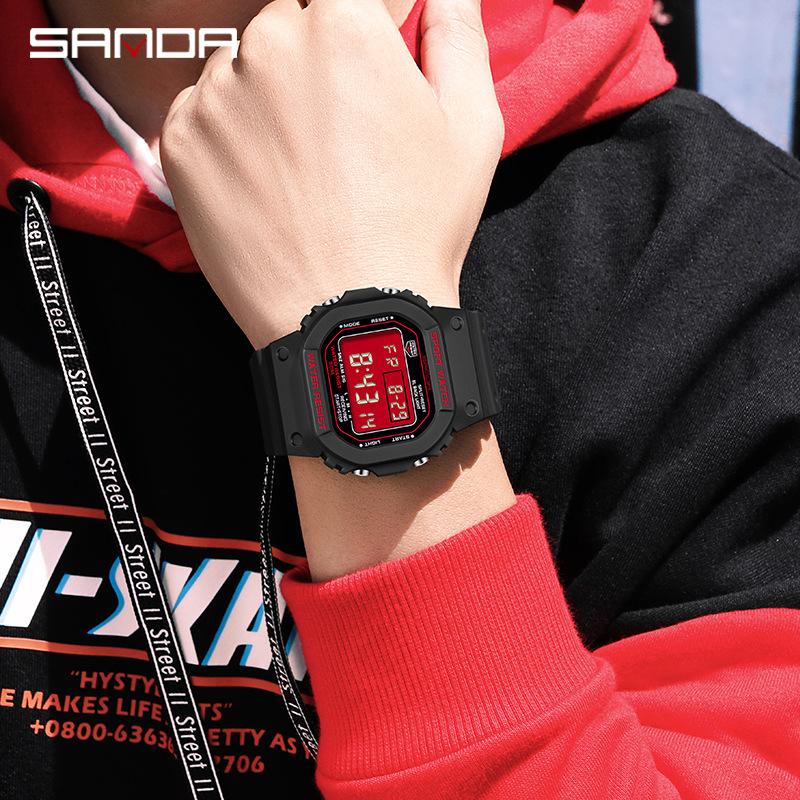 SANDA's New Square Single Display Movement Multi-functional Luminous Waterproof Outdoor Sports Student Electronic Watch