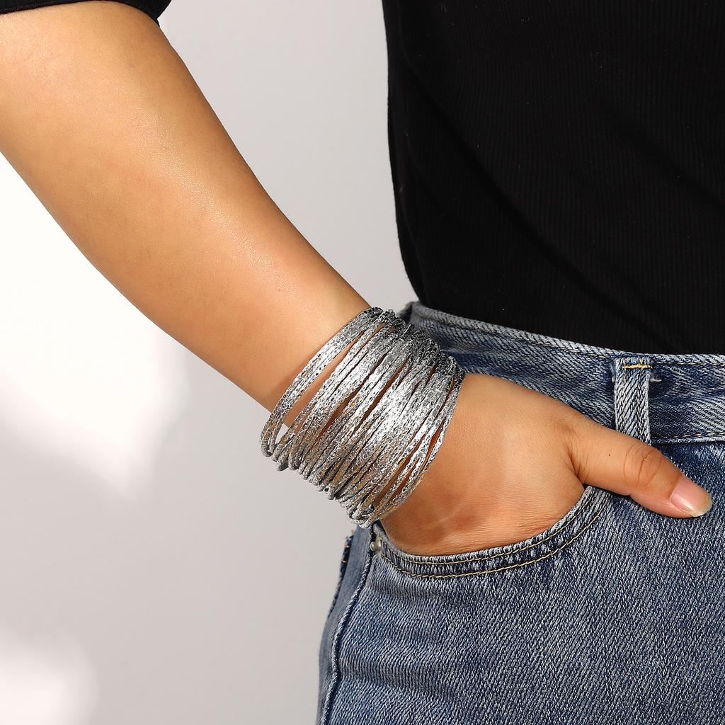 Amorcome Simple Mixed Color Shiny Leather Bracelets for Women Fashion Boho Multilayer Strips Wide Wrap Bracelet Femme Jewelry