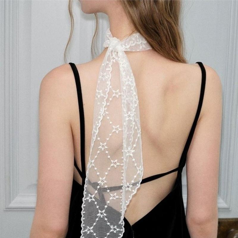 Y2K Women Narrow Long Scarf Solid Color Silk Black Bag Ribbon Headbands Choker Floral Lace Scarf