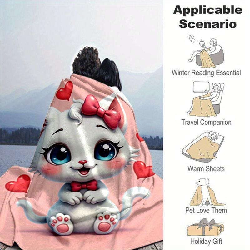 1pc Cute Cartoon Cat with Bowknot Heart-Shaped Decorative Throw Blanket for Home Decoration, Birthday Gift, All Seasons Use, Cartoon Blanket