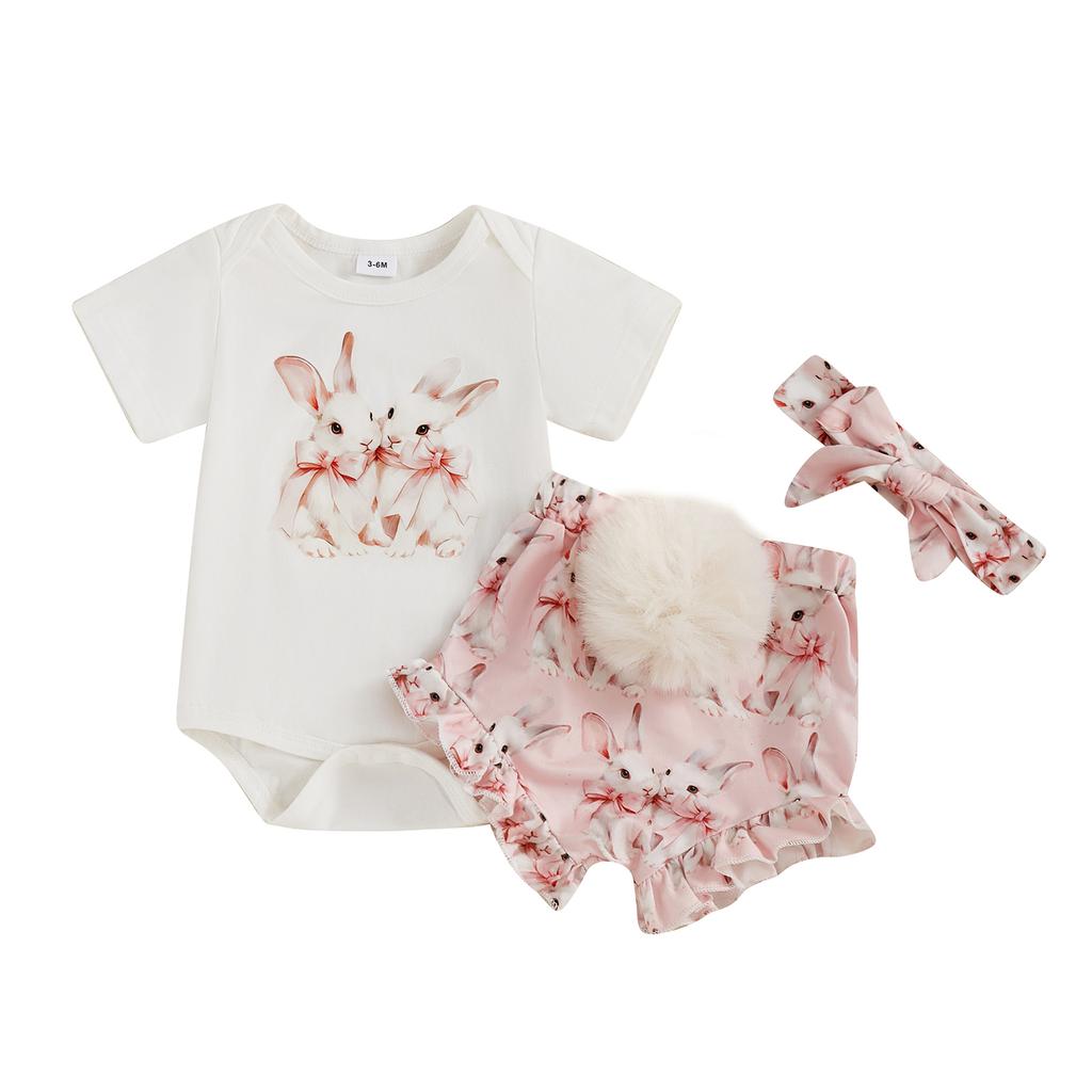Пасхальные наряды для маленьких девочек, комбинезон с короткими рукавами и эластичными шортами, симпатичная повязка на голову, комплект из 3 предметов