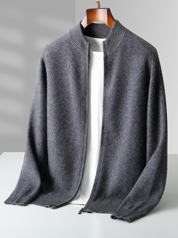 Men's Versatile Stand-Up Collar Cashmere Wool Cardigan - Long-Sleeve, Thickened Knitted Coat for Autumn and Winter