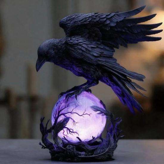 Gothic Raven LED Lamp Hand-Crafted Sculpture On Purple Glow Sphere Mysterious Decor for Dark Art And Halloween Unique Desk Night Light