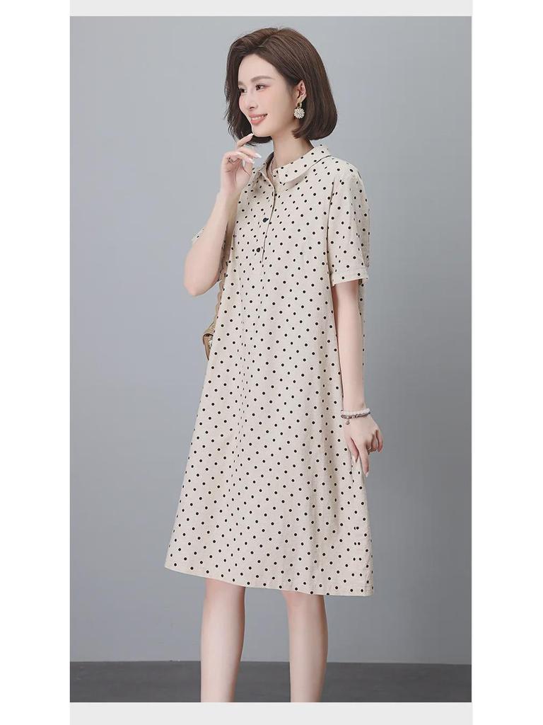 Летнее платье в горошек из хлопка и льна 2024 года — женское, французский стиль, размер плюс, длинная юбка