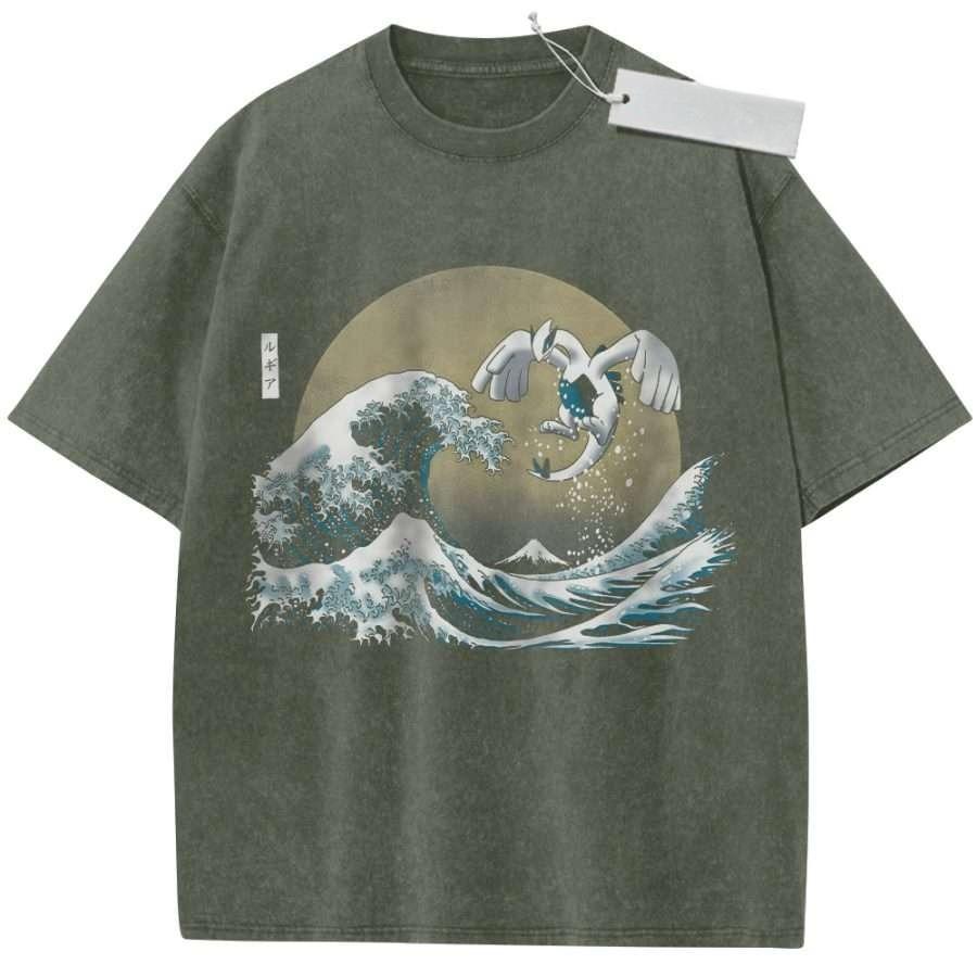 T Shirt Sports T Shirt Short Sleeve T Shirt Beige Unisex Pure Cotton Washed Vintage Pokemon Legendary Bird Ho Oh and Lugia Print