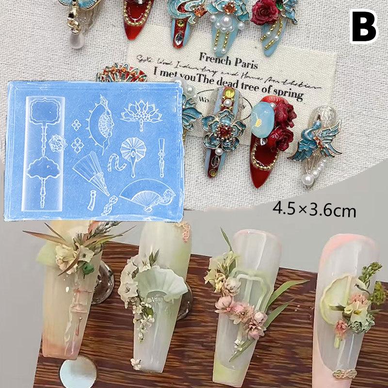 3D силиконовая форма для нейл-арта в китайском стиле, изысканный дракон, медные монеты, колокольчики, пуговицы, китайские узлы, дизайн веера для украшения ногтей