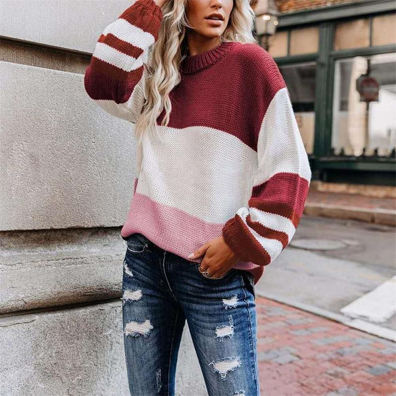 Autumn and winter women's knitted sweater fashionable loose large size round neck fresh simple striped splicing knitted sweater