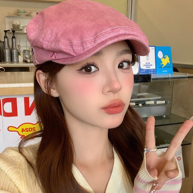 Pink Retro Denim Forward Hat Women'S American Casual Versatile Big Head Circumference Showing Face Small Beret British Style Hat