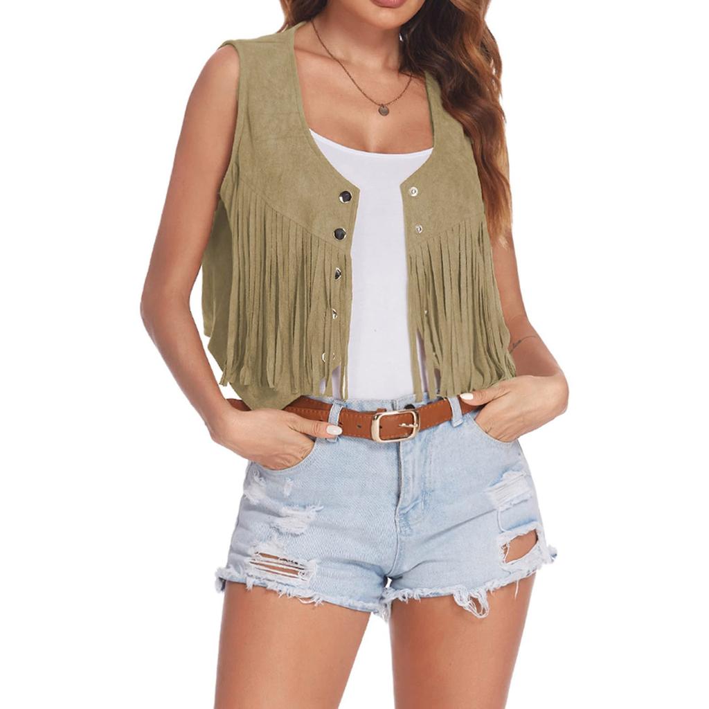 Spring and Summer Retro Cowboy Tassel Vest Women Open Front Vintage Vest Top Sleeveless Female Clothes Solid Jacket Punk Style Coat