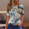 Женская плиссированная футболка с круглым вырезом и принтом, короткий рукав, топ с разрезом по низу