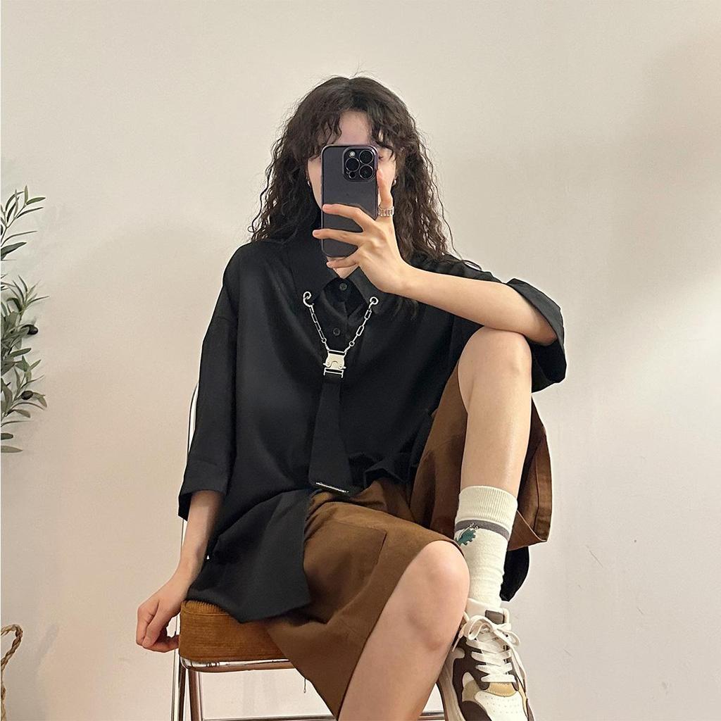 Женская рубашка с короткими рукавами в уличном стиле, мешковатый кардиган в стиле ретро, ​​черная винтажная одежда в стиле Харадзюку, большие размеры