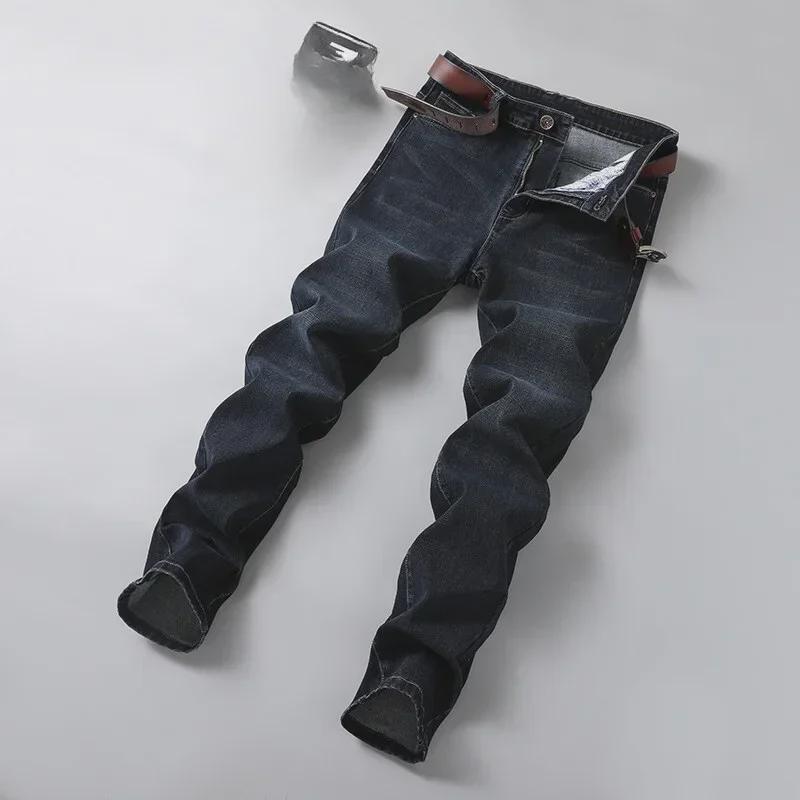 Мужские синие эластичные джинсы большого размера на весну и осень - свободный крой, размер плюс
