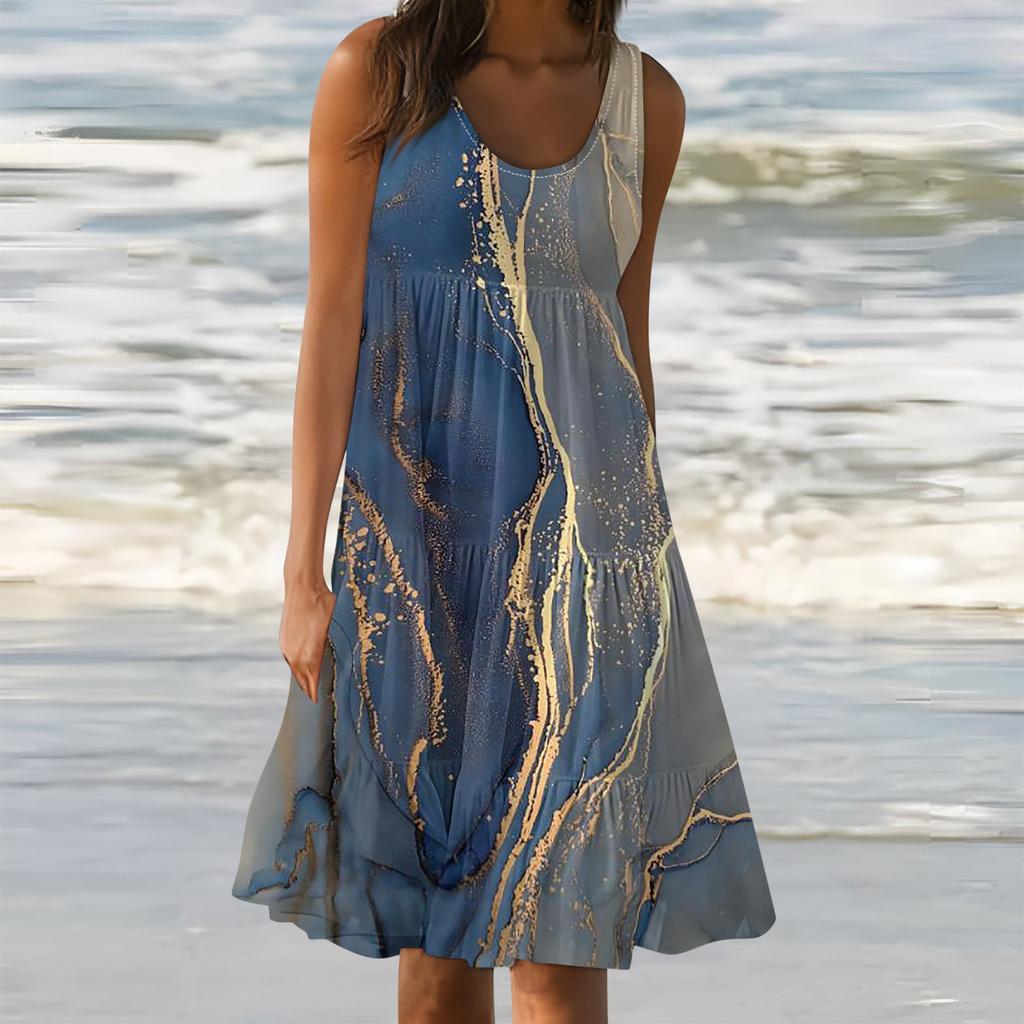 Женские платья-жилеты Лето-весна Плиссированные богемные платья Симпатичные струящиеся пляжные платья без рукавов Прямая футболка Платья-майки Платья с круглым вырезом