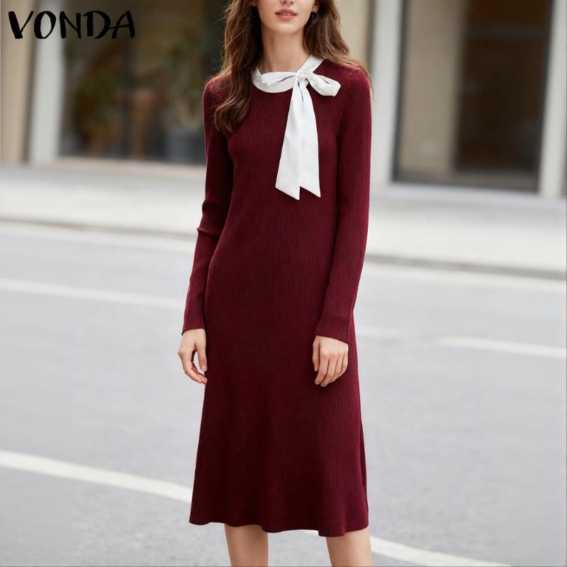 VONDA Осеннее женское длинное платье с длинным рукавом, плетеным узором, в рубчик, повседневное, облегающее
