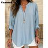 Women's Fall and Winter V-neck Cotton Linen Large Size Shirt