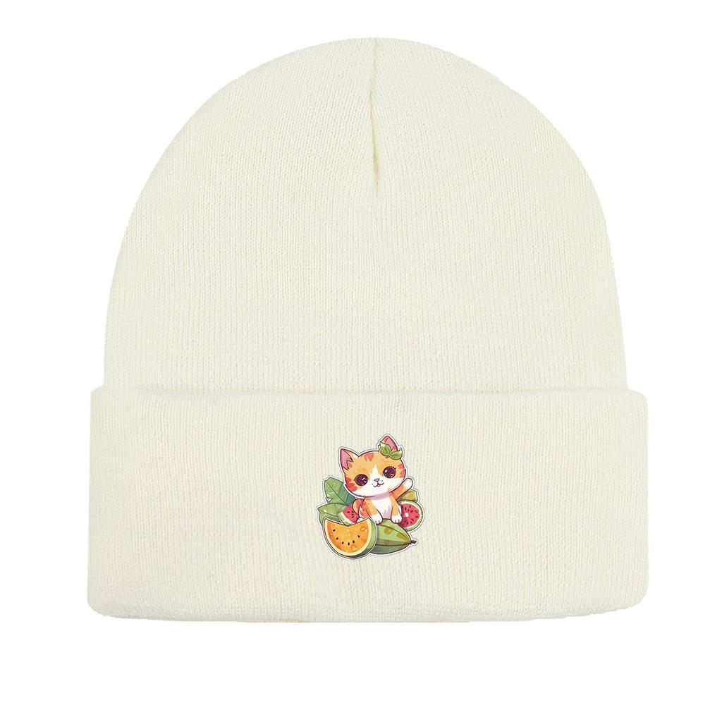Cat Fruit Print Knit Cap Beanie, Skullies Beanies Winter Stretchy Sporting Bonnet Knitted Hat Beanie
