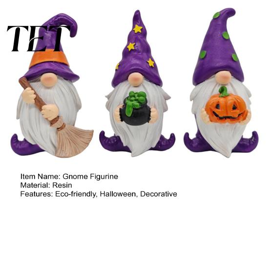 Hand Painted Desktop Figurines Halloween Gnome Resin Figurine, Broom Cauldron Pumpkin Dwarf Cute Cartoon Wizard Gnomes Statue for Desk Shelf,