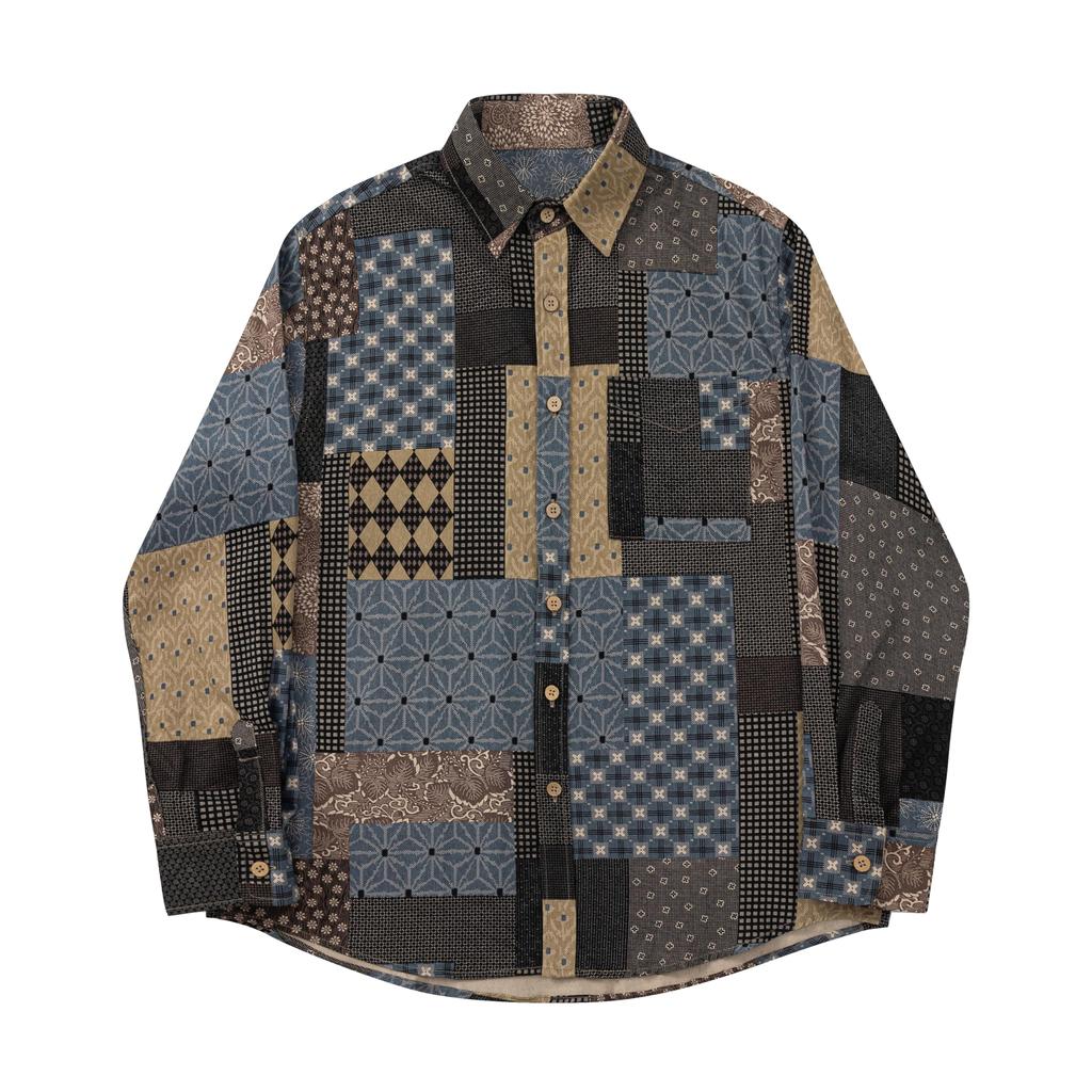 Japanese Pattern Fashion Autumn Clothes Silhouette Patchwork Style Print All Over Pattern Long Sleeve Shirt Cotton [CHANGE WELL] Men's "2023AW" 100%