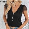 Women's Fashion Casual Summer Solid Color Print Short Sleeve Lace V-Neck Blouses & Shirts