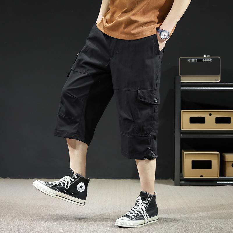 Summer Elastic Waist Straight Loose Tooling Cropped Breeches Men's Sports Plus Fat Plus Size Casual Multi-pocket Shorts