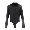 Plus Size See Through Long Sleeve Black Bodysuits TOPS for Women Sheer Lingerie Sexy Nightclub Party Summer Clothing