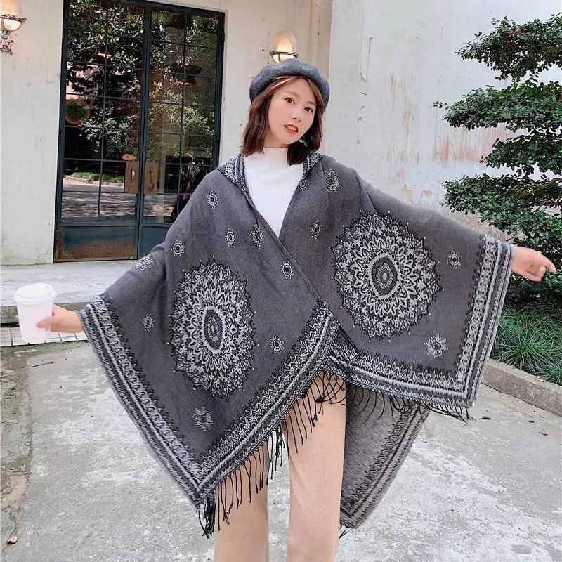 21 Style Big Pendulum Cloak With Hat Arabic Poncho Women Leopard Pocket Shawl Cape Knitted Middle East Split Thick Warm Blanket