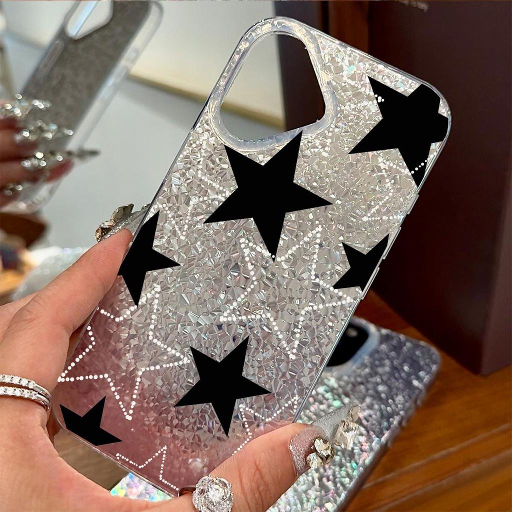 Star Patterns with Real and Virtual Effects Case for iphone 13 18 Pro Max XS Max Air 15 11 16 Plus XR 14 17 Pro 12 Silver Crushed Foil Cover