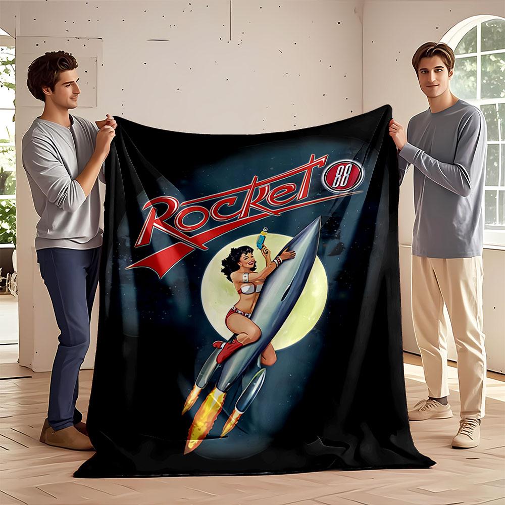 A retro pin-up style woman riding a rocket with "Rocket 88" text design. for all seasons blanket lunch break throw gift
