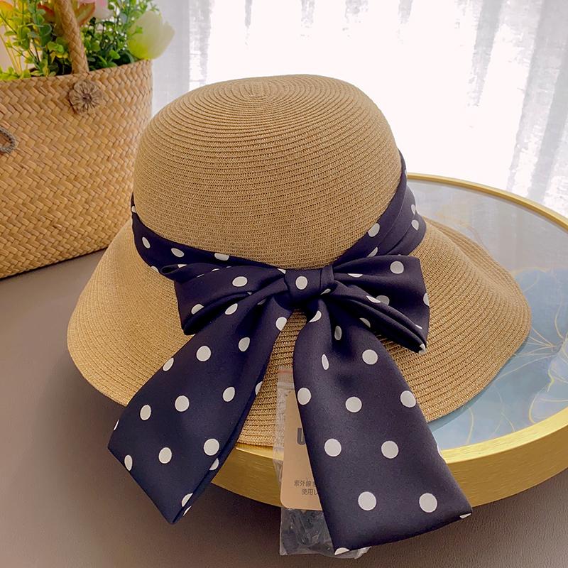 Big Edge Straw Hat Polka Dot Long Bow Hat Women's Summer Sun Hat Seaside Travel Sun Hat Big Eaves Bucket Hat