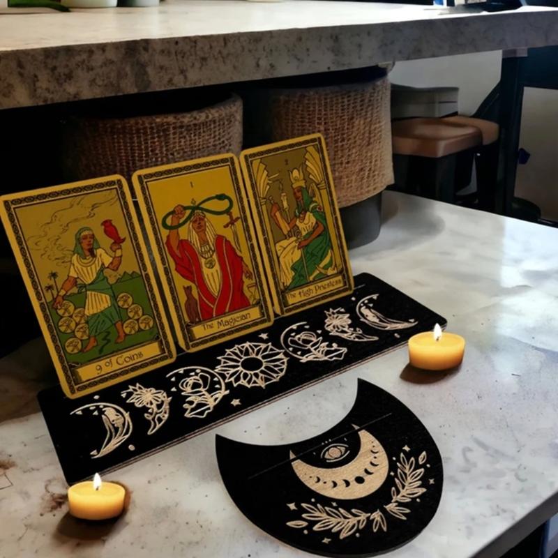 2 Pieces Wooden Tarot Card Stand Holder, Moon Shape and Rectangle Wooden Tarot Card Display Stand Base for Oracle Lenormand Meditation