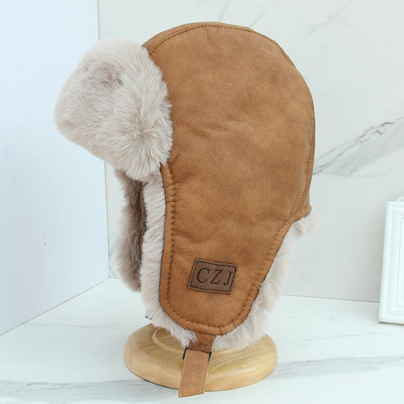 Lei Feng hat women's autumn and winter thickened plush hat delicate and soft pu leather ear protectors cycling pilot hat men