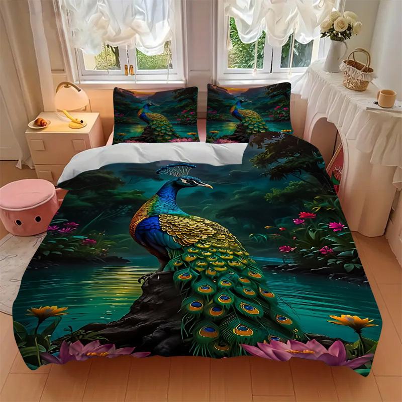 3pcs Peacock Nature Scene Duvet Cover Set - Machine Washable, Includes 1 Cover and 2 Pillowcases, No Core Included yy251013129