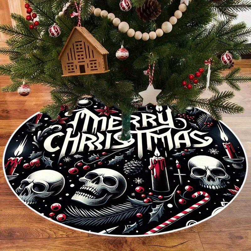 Christmas Tree Skirt Black White Bat Print Round Xmas Tree Mat Gothic Halloween Winter Holiday Home Party Decor Rug