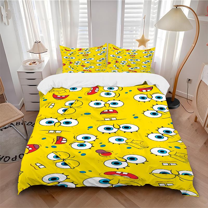3pcs bedding set SpongeBob Expressions Includes 1 Comforter + 2 Pillowcases, Without Pillow Inserts, Soft Comfortable, Lightweight Breathabl