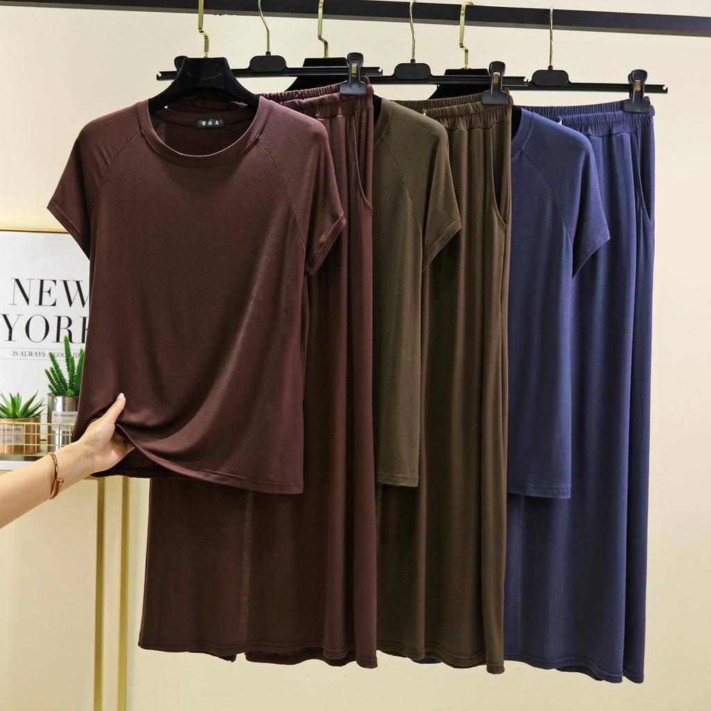 Футболки с коротким рукавом и длинным рукавом из модала с круглым вырезом и длинная юбка, комплект из 2 предметов домашней одежды больших размеров, свободные комплекты модных платьев, женские комплекты
