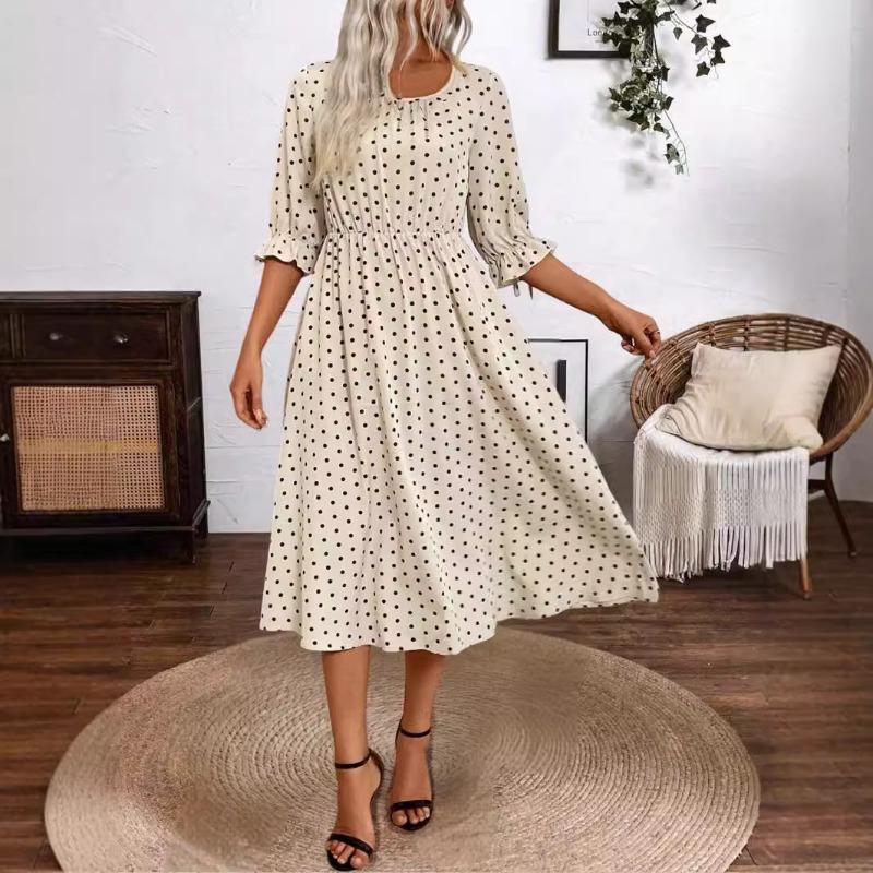 Осеннее женское элегантное и удобное платье в горошек, широкое платье-трапеция со средним рукавом