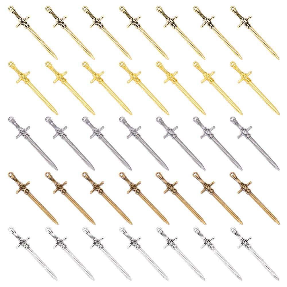60Pcs 5 Colors Tibetan Style Alloy Pendants Sword Mixed Color 49.5x12x3mm Hole: 1.4mm 12pcs/color