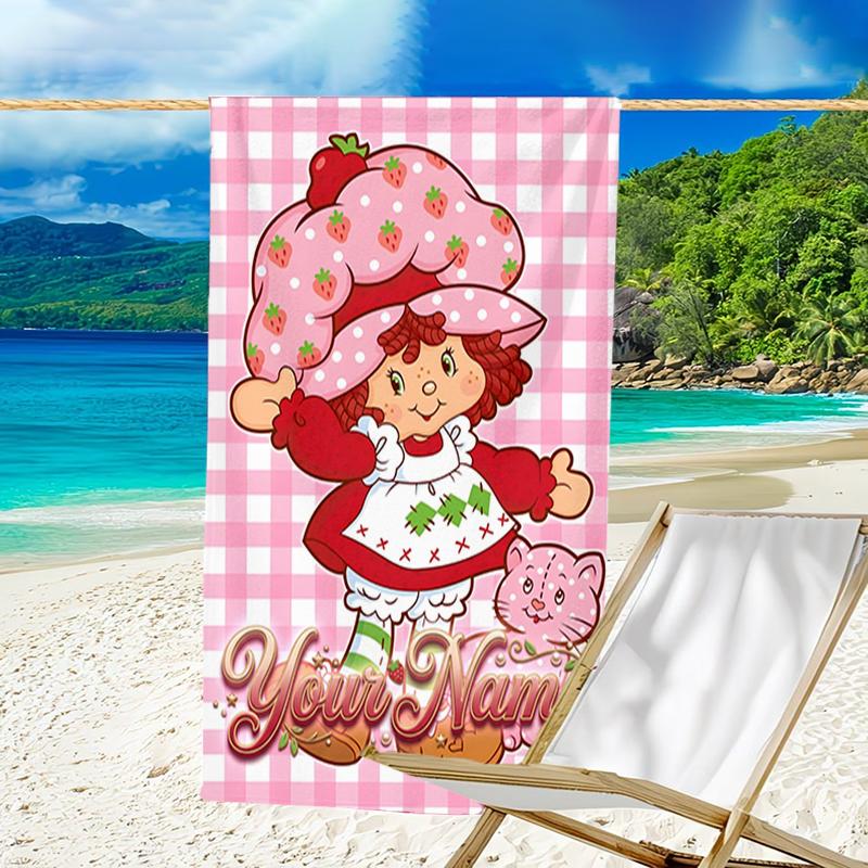 1pc Princess Strawberry Beach Towel with Custom Name, Beach and Seaside Swimming Pool Equipment, Fashion Pattern, Rectangular, Travel Essential