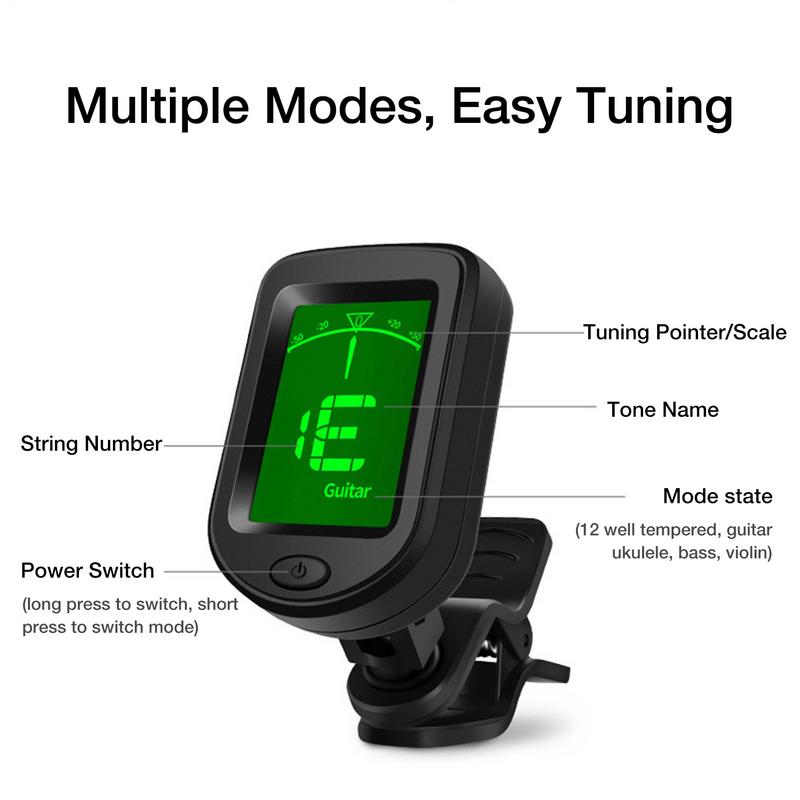 Twelve Equal Tempered Guitar Tuner Digital Clip-On Tone Tuner for Electric Ukulele Bass Violin Universal Accessories Rotatable