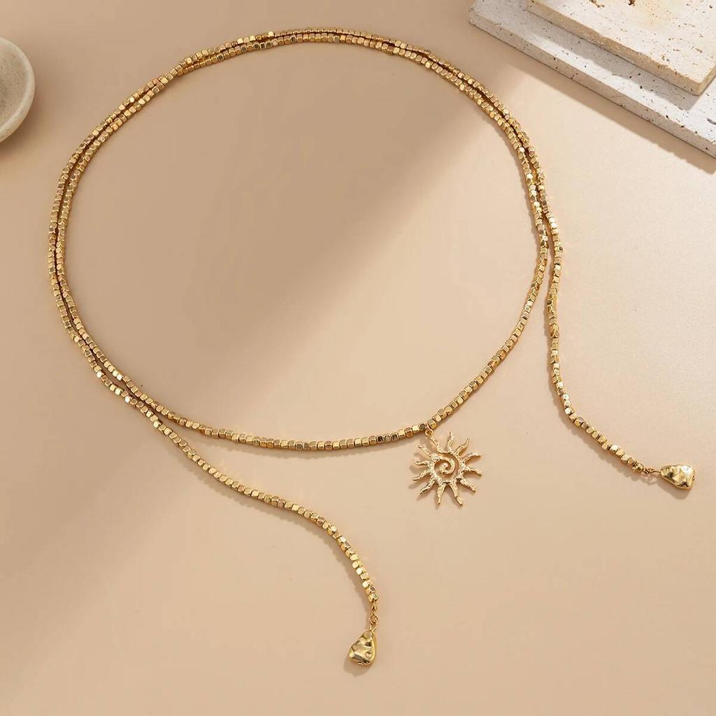 Salircon Retro Multi-layer Gold Color Flower Sun Pendant Necklace Women Creative Versatile CCB Acrylic Beaded Long Chain Choker