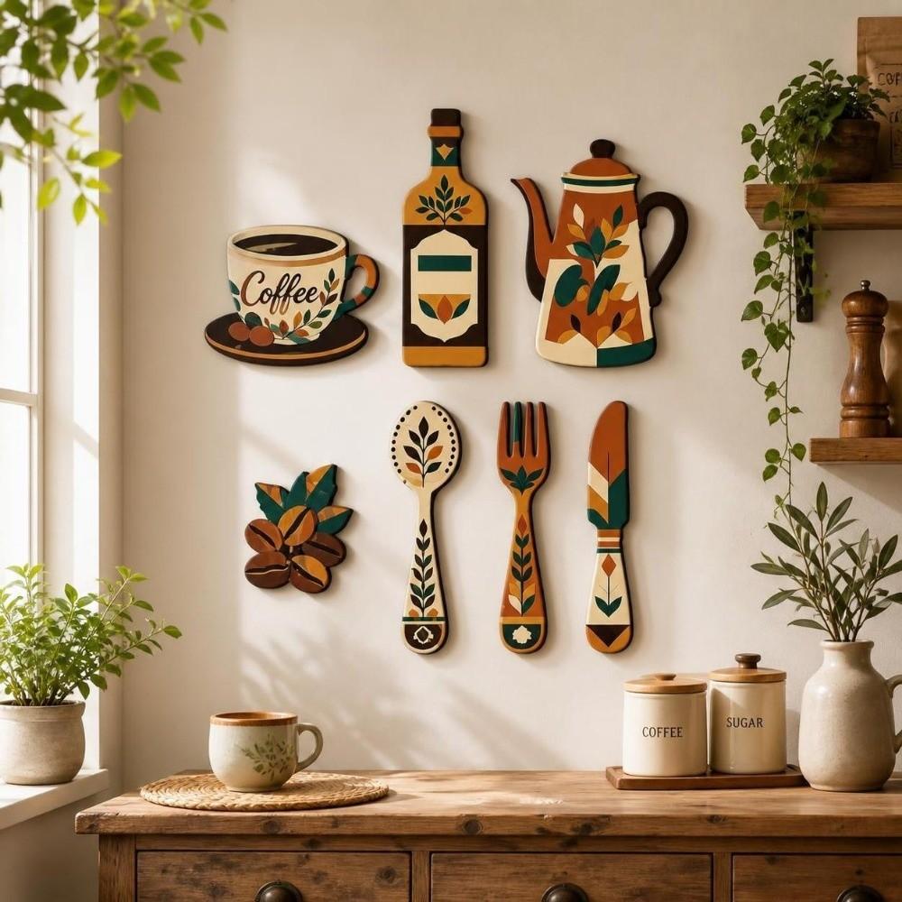 7/8 pcs Coffee Themed Coffee Utensil Wooden Ornament Coffee Wall Sticker Hangings Home Decoration