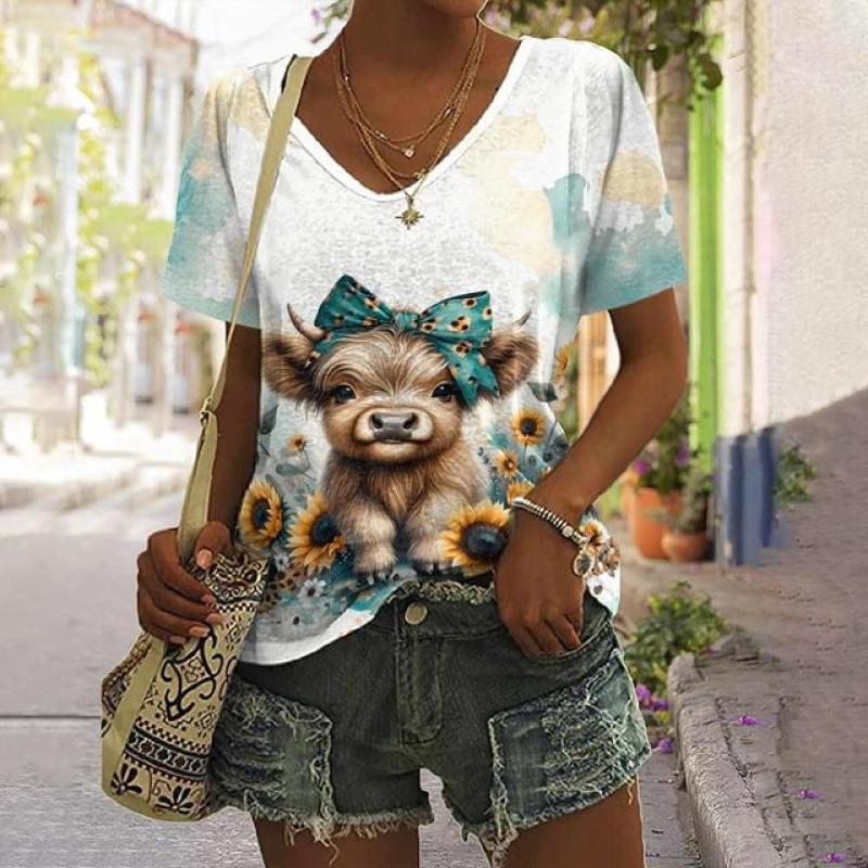 Женская футболка с изображением животных, летняя повседневная футболка с короткими рукавами, милый топ с принтом теленка, уличная мода с 3d принтом, женская одежда в стиле Харадзюку с v-образным вырезом