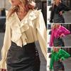 Women Top V Neck Ruffle Long Sleeve Solid Color Loose Single-breasted Puff Sleeve Elegant OL Commute Style Lady Blouse Shirt