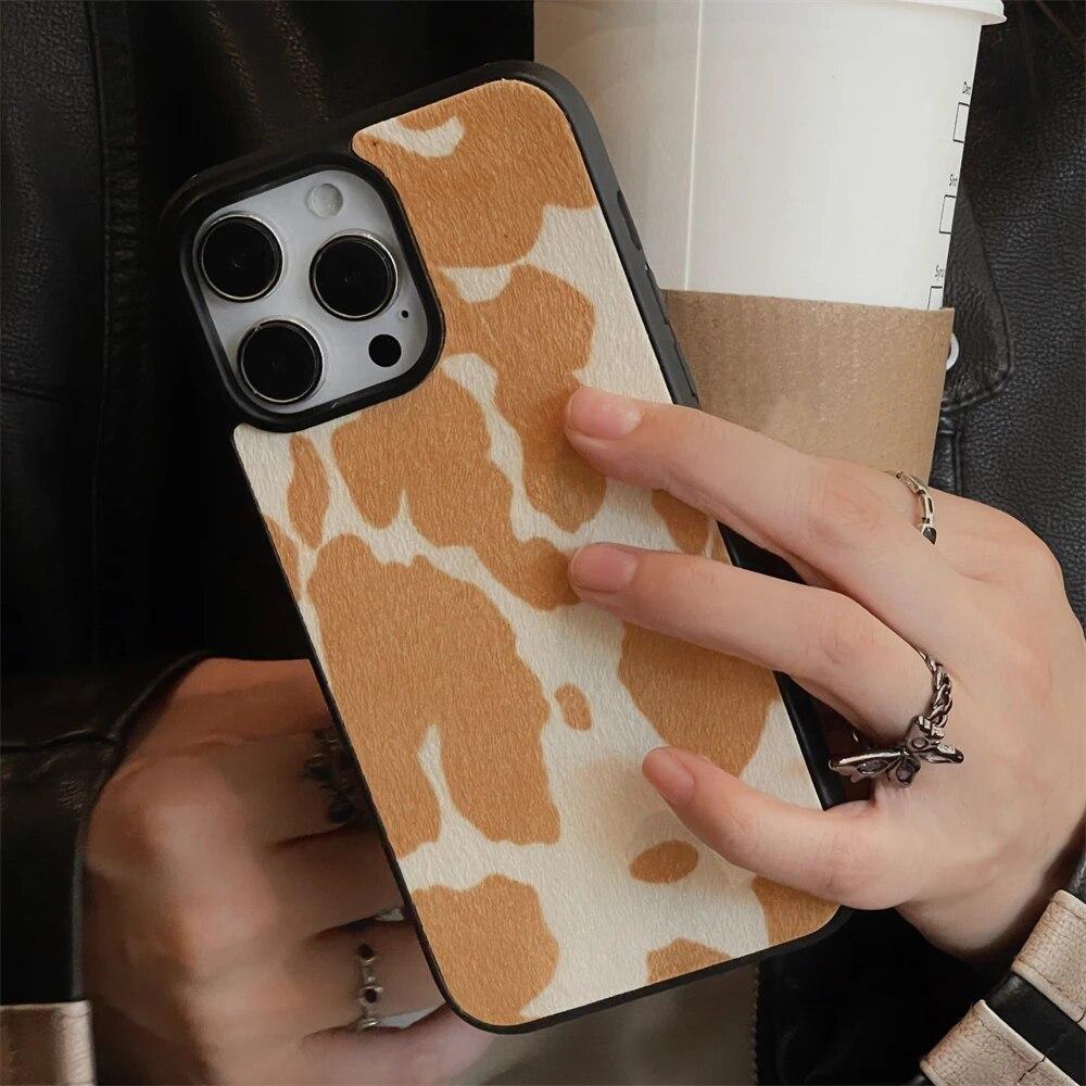 Модный кожаный мягкий чехол с милым коровьим мехом для IPhone 15 Pro Max 14 Pro Max 13 12 14Plus противоударный защитный чехол