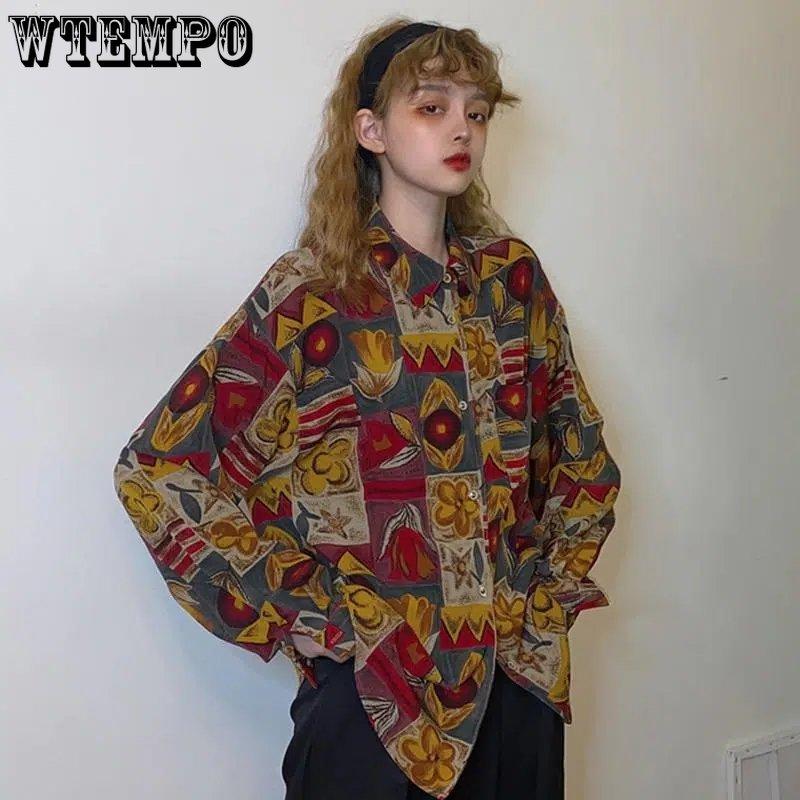 WTEMPO Винтажная блузка женская 90-х годов эстетические рубашки в стиле Харадзюку с длинным рукавом в стиле ретро женские свободные корейские топы с принтом уличная одежда